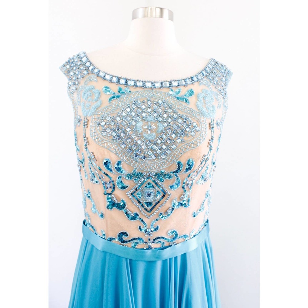 Sherri Hill Turquoise Blue Nude Mesh Beaded Prom Formal Dress Gown Size 12 - Picture 6 of 12